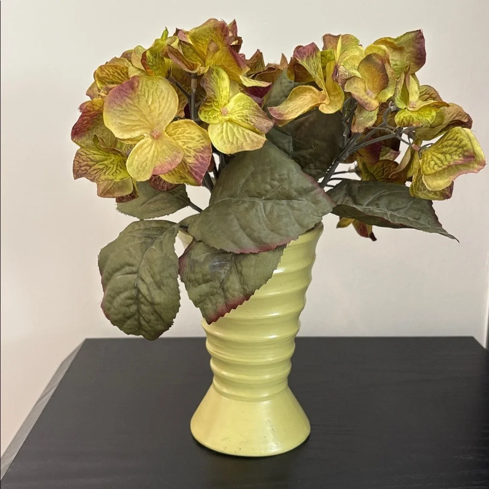 Green Ribbed Vase with Faux Hydrangea Arrangement
